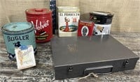 Box of tobacco tins & metal box w/handles