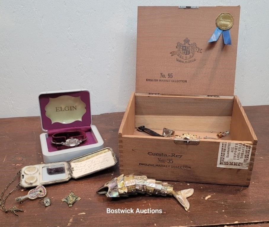 Wooden box - jewelry, Elgin watch, abalone fish