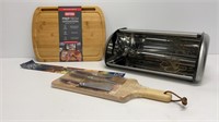 Aluminum bread box, NEW cutting board, Kabob