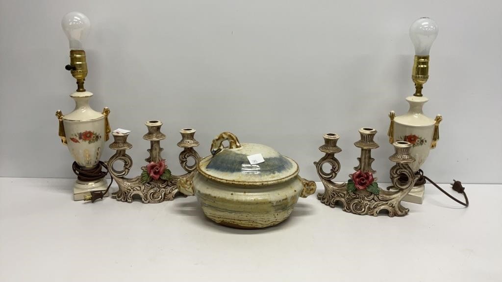 (2) Capodimonte candle holders, covered pottery