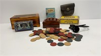 Wooden jewelry box, marsh wheeling cigar box,