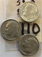 1956D,1957D,1959D 3 Roosevelt Silver Dimes