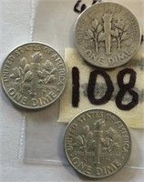 1946,1960,1962D 3 Roosevelt Silver Dimes
