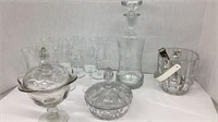 Etched glass decanter with 6 matching wine