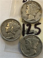 1941,1944,1945 3 Mercury Silver Dimes