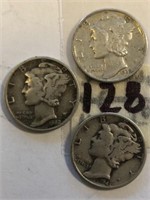 1939,1942,1945 3 Mercury Silver Dimes