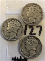 1942S,1943,1940S 3 Mercury Silver Dimes