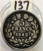 1842 French 5 Fracs Coin