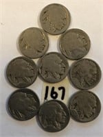 9 Buffalo Nickels with unreadable Dates