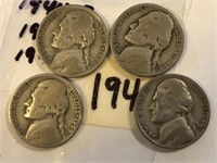 1943S,1944P,1944P,1944P 4 Silver War Nickels