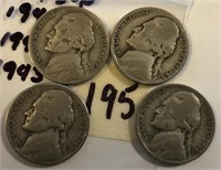 1943P,1942P,1945S,1943S 4 Silver War Nickels