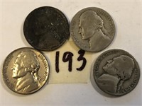1943P,1943S,1944P,1945S 4 Silver War Nickels