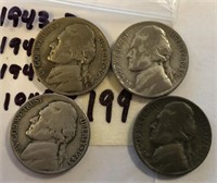 1943P,1944P,1943P,1945P 4 Silver War Nickels