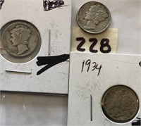 1934,1943,1944 3 Mecury Silver Dimes
