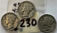 1942,1944,1945 3 Mecury Silver Dimes