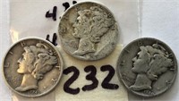 1940,1944,1945 3 Mecury Silver Dimes