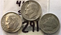 1964D,1946D,1953D 3 Roosevelt Silver Dimes