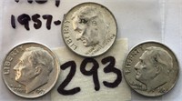 1960D,1964,1957D 3 Roosevelt Silver Dimes
