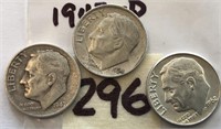 1962D,1954,1947D 3 Roosevelt Silver Dimes
