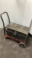 Small 2 wheeled cart and a wooden trunk