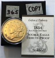 1854S Copy Tribute Proof Double Eagle Brass and