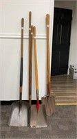 (4) shovels, pitchfork, and a rake