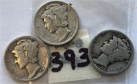1925,1934,1945 3 Mercury Silver Dimes