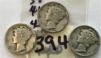1938,1941,1945 3 Mercury Silver Dimes
