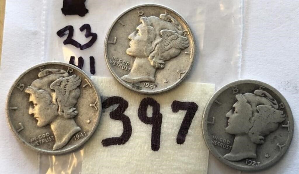 1923,2-1941 3 Mercury Silver Dimes