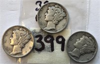 1939,1942,1943 3 Mercury Silver Dimes