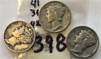 1936,1940,1941 3 Mercury Silver Dimes