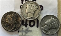1942,1944D,1945 3 Mercury Silver Dimes