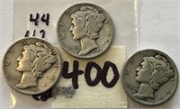1941,1942,1944 3 Mercury Silver Dimes