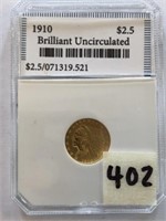 1910 Indian Head $2.50 Gold Coin Brilliant UNC