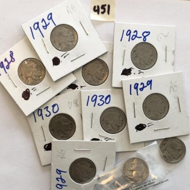 10 Buffalo Nickels 2-1928 2-1929,2-1930,2-1937,2-