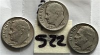 1957,1951,1946S 3 Roosevelt Silver Dimes