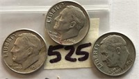 1951D,1953D,1964D 3 Roosevelt Silver Dimes