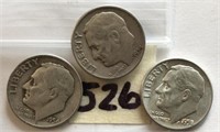 2-1954D,1958D 3 Roosevelt Silver Dimes
