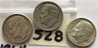 1952D,1962D,1964 3 Roosevelt Silver Dimes