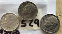 1959D,1960,1964 3 Roosevelt Silver Dimes