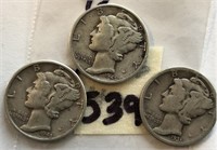 1935,1943,1945 3 Mercury Silver Dimes