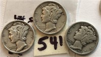 1935,1942,1944S 3 Mercury Silver Dimes