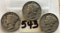 2-1942,1945 3 Mercury Silver Dimes