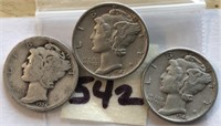 1924,1942,1944 3 Mercury Silver Dimes