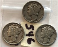 1935,1937,1942 3 Mercury Silver Dimes