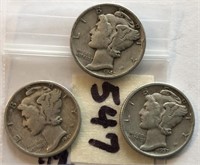 1937,1941,1942 3 Mercury Silver Dimes