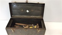 Metal toolbox with contents- hammers, pliers,