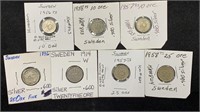 (7) Silver 10 Ore or 25 Ore Sweden Coins