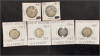 (6) Silver Great Britain Coins: 1886 Three Pence,