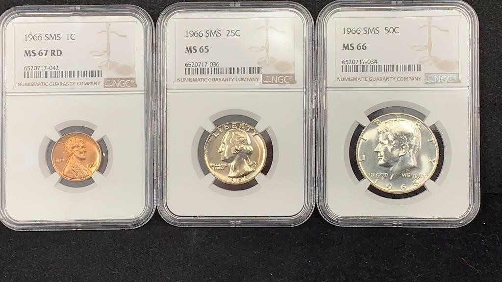 1966 SMS NGC MS65 Quarter, MS67 RD Cent, MS66